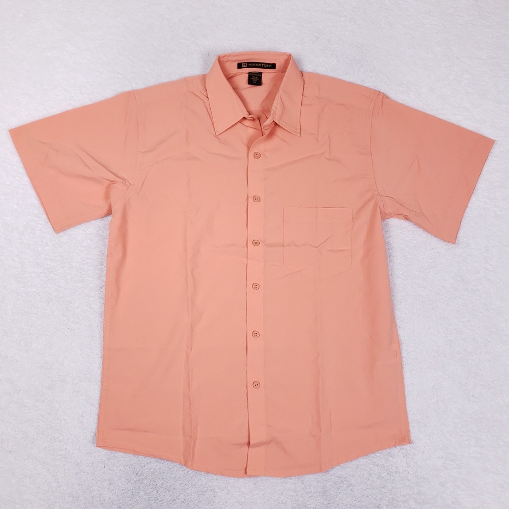 Harriton Mens Short Sleeve Button Down Shirt Coral Peach Small Work Uniform